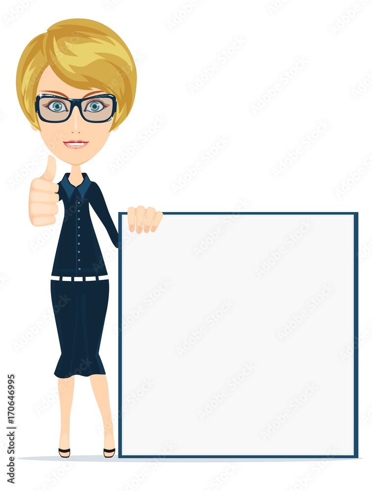 Portrait of the business woman with a poster. Full body of happy smiling young beautiful business female showing blank area for sign or copyspace, isolated over white background. flat vector Portrait of the business woman with a poster. Full body of happy smiling young beautiful business female showing blank area for sign or copyspace, isolated over white background. flat vector