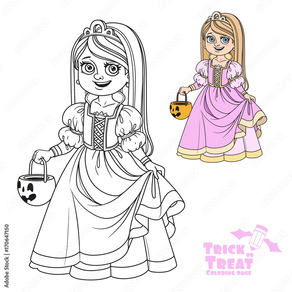 Cute girl in princess costume holding a pumpkin bag for sweets trick or treat color and outlined for coloring page Cute girl in princess costume holding a pumpkin bag for sweets trick or treat color and outlined for coloring page