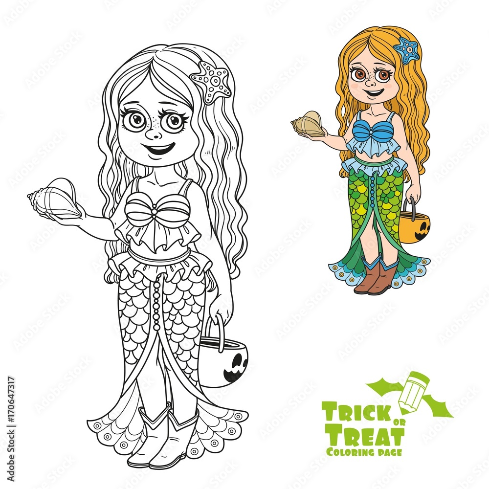 Cute girl in mermaid costume with a pumpkin bag for sweets trick or treat color and outlined for coloring page