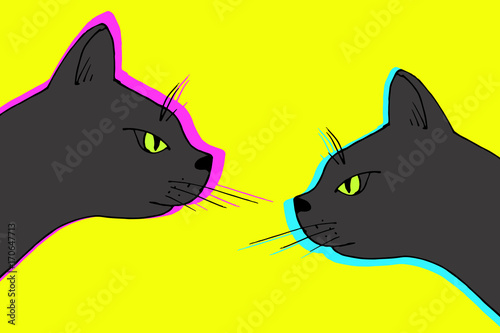 Vector black cat couple. Domestic animal hand drawn illustration