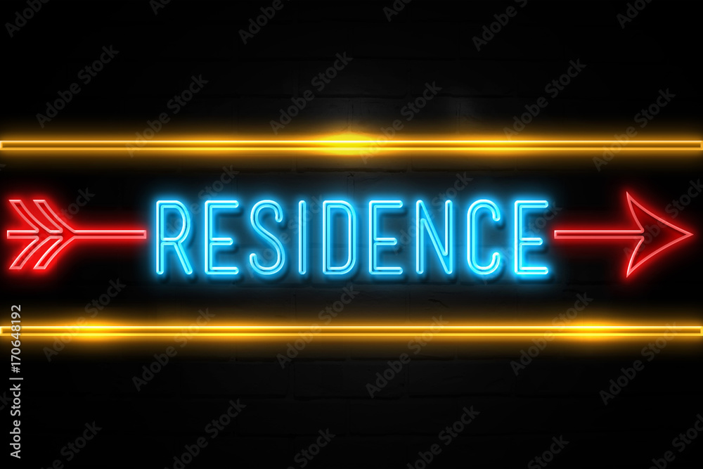 Residence - fluorescent Neon Sign on brickwall Front view Residence - fluorescent Neon Sign on brickwall Front view