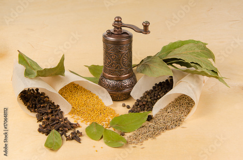 Vintage bronze mill for seasoning, various spices and branches of bay leaf on a wooden background.