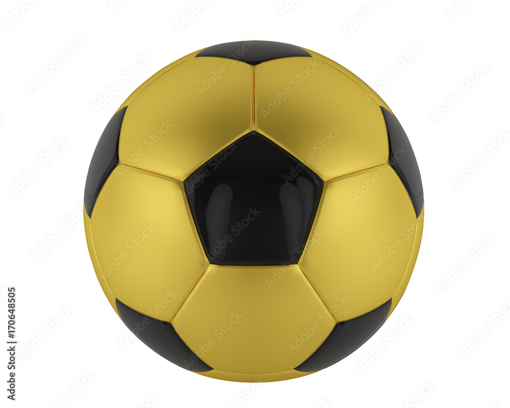 isolated gold and black soccer ball. 3D rendering of football ball in matt gold colour. isolated gold and black soccer ball. 3D rendering of football ball in matt gold colour.