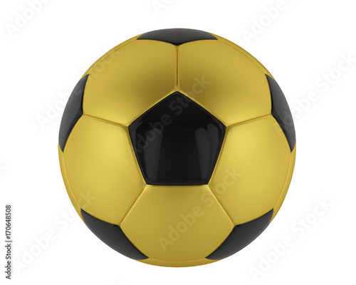 isolated gold and black soccer ball. 3D rendering of football ball in matt gold colour.