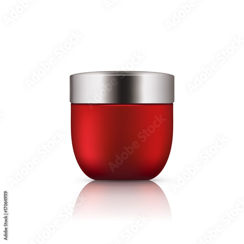 Realistic red glass bottle with silver cap. Empty package for skincare cosmetic - face cream jar. Blank template of container. Vector mockup isolated on white background.