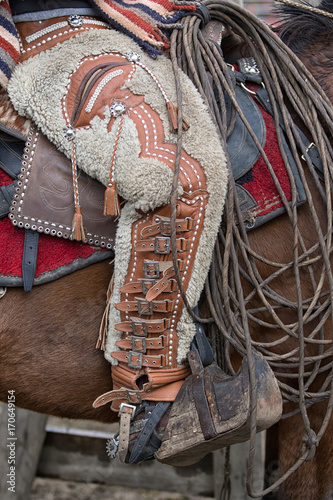 closeup of chaps made of sheep skin