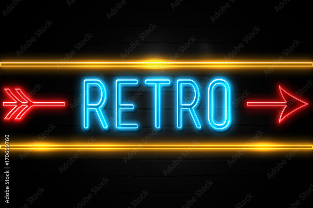 Retro - fluorescent Neon Sign on brickwall Front view Retro - fluorescent Neon Sign on brickwall Front view