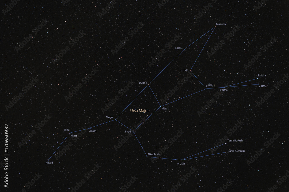 Obraz premium Ursa Major constellation with lines and star names