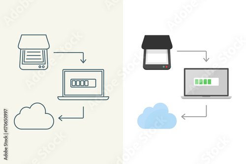 Scanning process and converting to the cloud linear and flat illustration