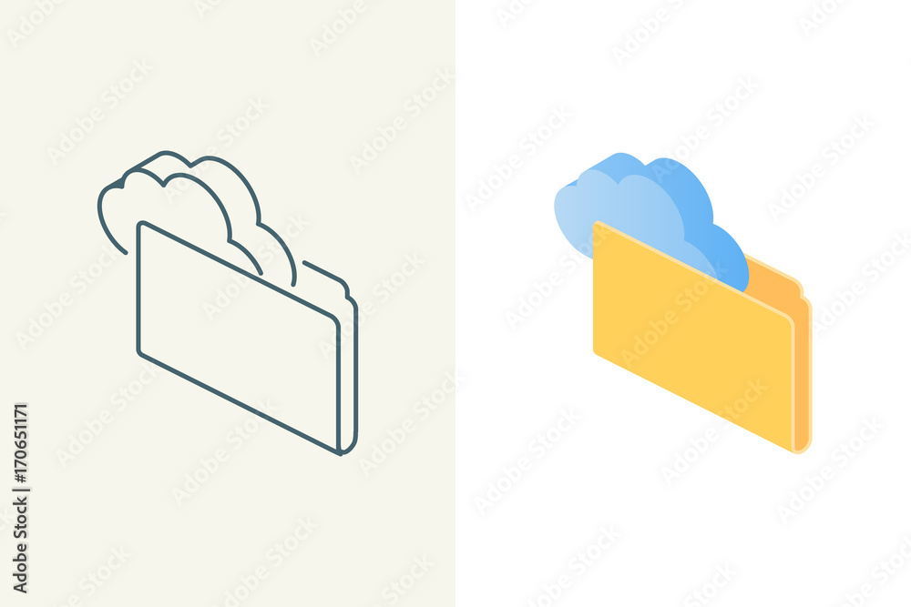 Folder with cloud isometric linear and flat icons Folder with cloud isometric linear and flat icons