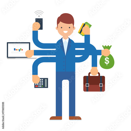 Multitasking businessman vector illustration, flat style