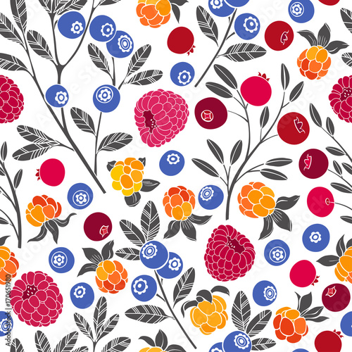 Seamless vector pattern with cranberry, blueberry, raspberry and cloudberry on a white background. Forest berries.
