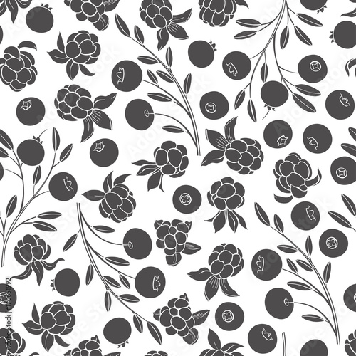 Seamless vector pattern with cranberry and cloudberry. Black silhouettes of berries on a white background. Forest berries. photo