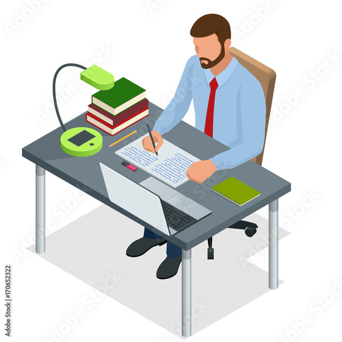 Isometric young people and student concept. A mem of 26-35 years old the student sits at the table and writes. Homework or Lesson. Isolated on white background