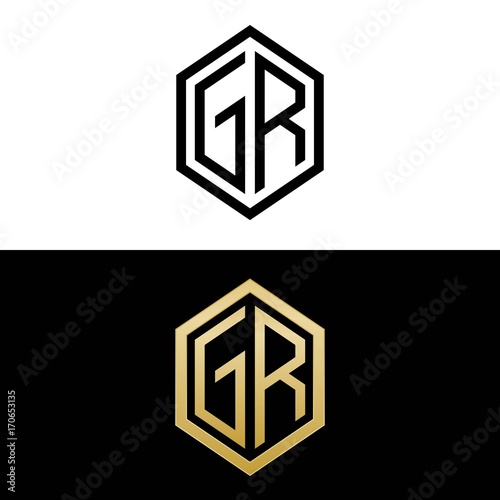 initial letters logo gr black and gold monogram hexagon shape vector