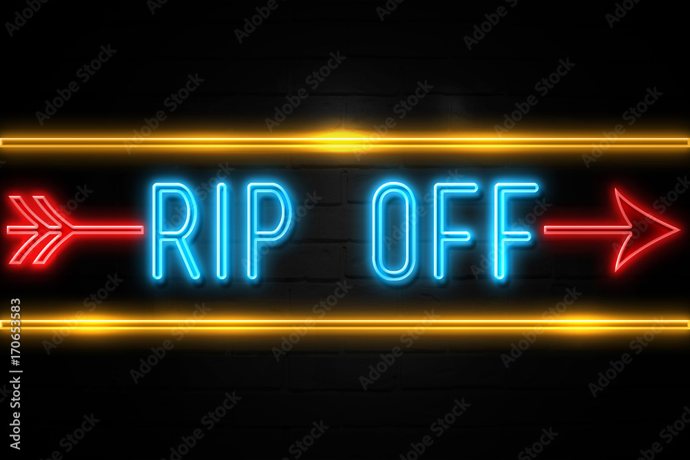 Obraz premium Rip Off - fluorescent Neon Sign on brickwall Front view