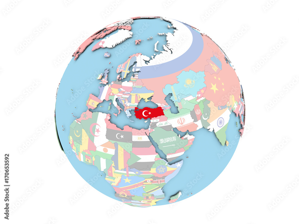 Turkey on globe isolated Turkey on globe isolated