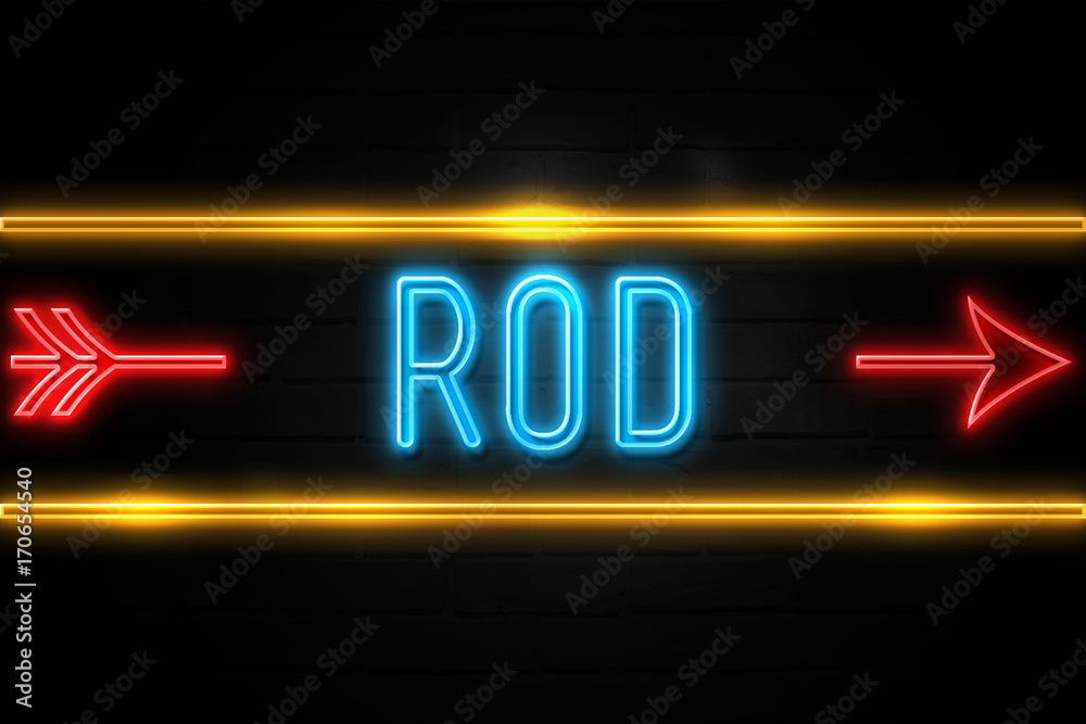 Rod - fluorescent Neon Sign on brickwall Front view Rod - fluorescent Neon Sign on brickwall Front view