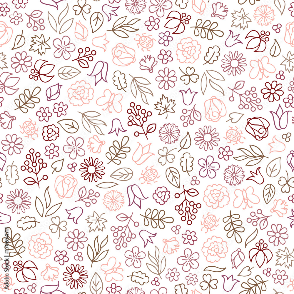 Flower icon seamless pattern. Floral leaves, flowers. White texture