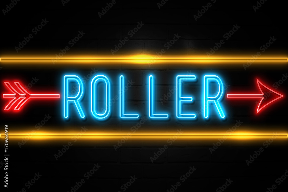 Obraz premium Roller - fluorescent Neon Sign on brickwall Front view