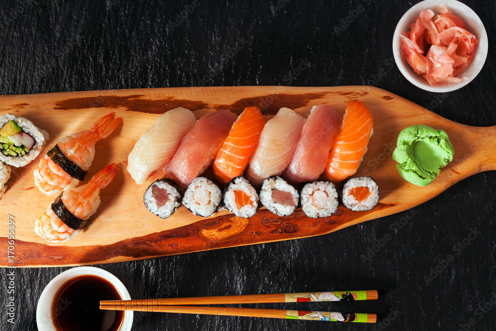 Japanese food on black stone Japanese food on black stone