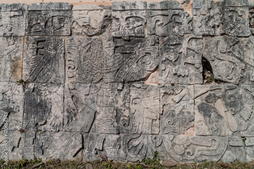 Reliefs of the players at the great ball game court at the archeological site Chichen Itza  Mexico.