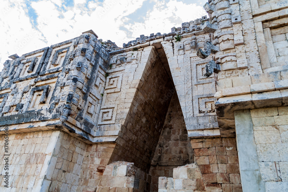 Detail of the Palacio del Gobernador (Governor's Palace) building in the ruins of the ancient Mayan city Uxmal, Mexico