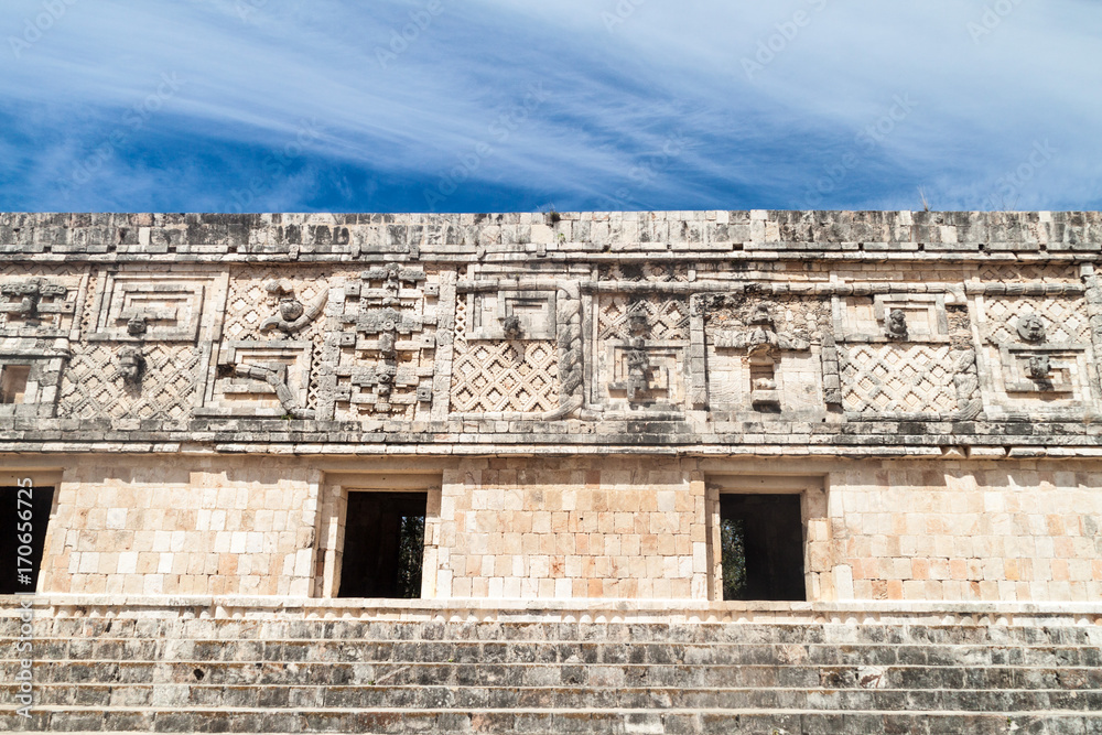 Detailed carvings at the Nun's Quadrangle (Cuadrangulo de las Monjas) building complex at the ruins of the ancient Mayan city Uxmal, Mexico Detailed carvings at the Nun's Quadrangle (Cuadrangulo de las Monjas) building complex at the ruins of the ancient Mayan city Uxmal, Mexico