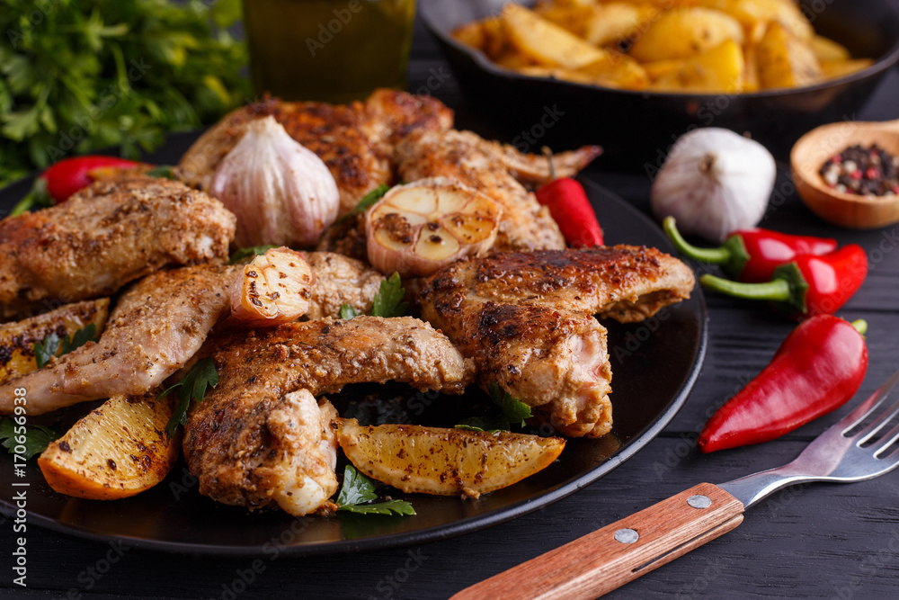 Grilled chicken wings, baked potatoes, herbs and spices on kitchen table. Hot fresh appetizing countryside food. Cooking concept, meat dishes, homemade cuisine Grilled chicken wings, baked potatoes, herbs and spices on kitchen table. Hot fresh appetizing countryside food. Cooking concept, meat dishes, homemade cuisine