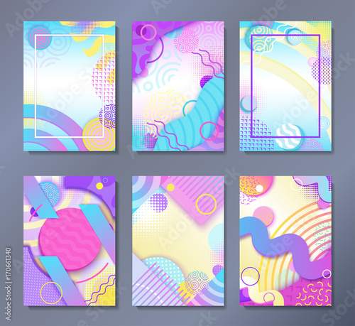 Abstract posters set in trendy 80s-90s memphis style with patterns, frames and geometric shapes, colorful background with text place, vector illustration 