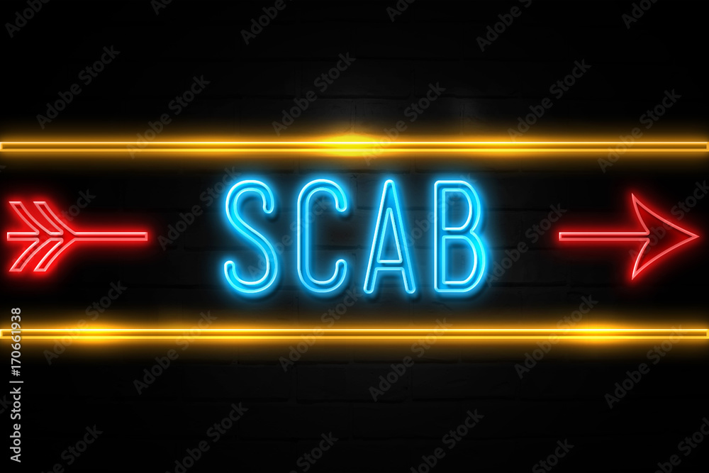 Scab  - fluorescent Neon Sign on brickwall Front view