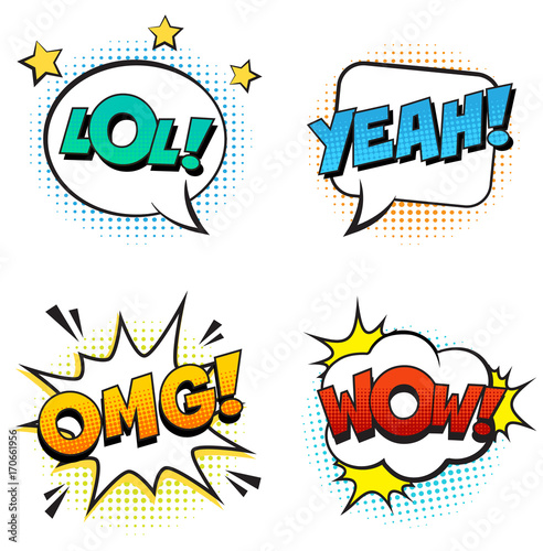 Retro comic speech bubbles set with colorful halftone shadows on white background. Expression text LOL, OMG, WOW, YEAH. Vector illustration, vintage design, pop art style.