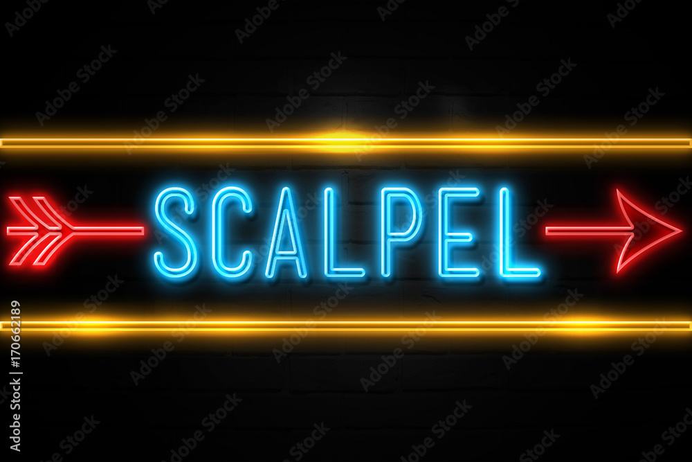 Scalpel  - fluorescent Neon Sign on brickwall Front view