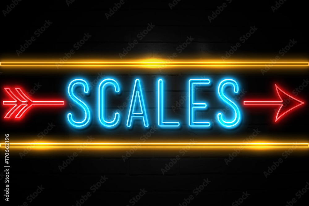 Scales - fluorescent Neon Sign on brickwall Front view Scales - fluorescent Neon Sign on brickwall Front view