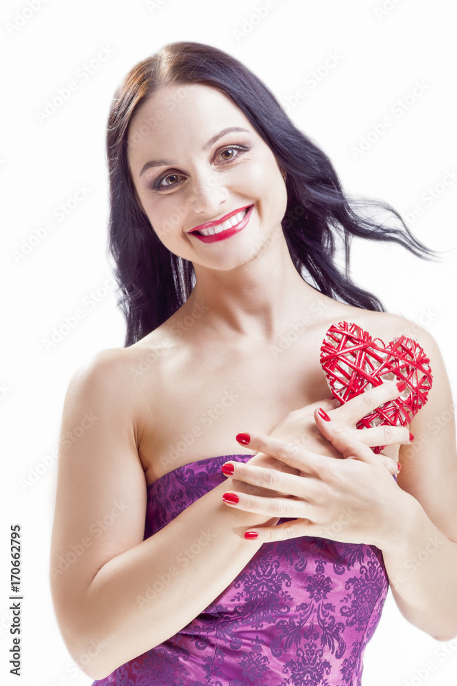 Portrait of Happy Smiling Caucasian Woman with Red Wicker Heart Holding. In Front of Herself. Portrait of Happy Smiling Caucasian Woman with Red Wicker Heart Holding. In Front of Herself.