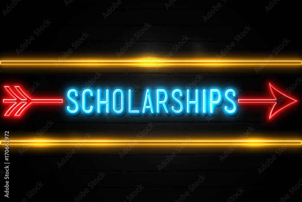 Scholarships - fluorescent Neon Sign on brickwall Front view Scholarships - fluorescent Neon Sign on brickwall Front view