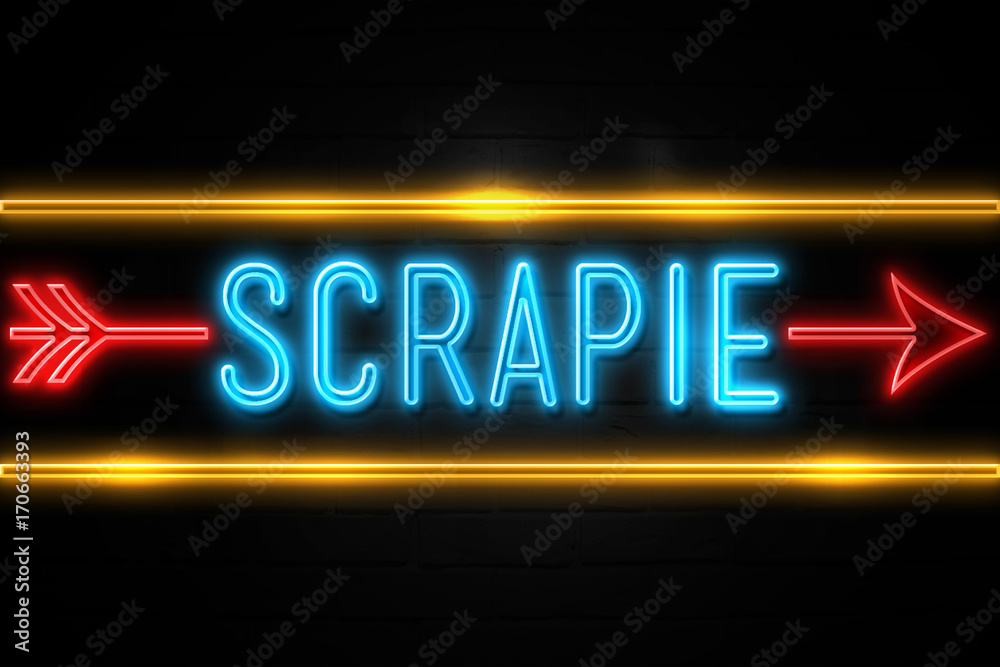 Scrapie - fluorescent Neon Sign on brickwall Front view Scrapie - fluorescent Neon Sign on brickwall Front view