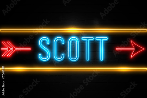 Scott  - fluorescent Neon Sign on brickwall Front view photo