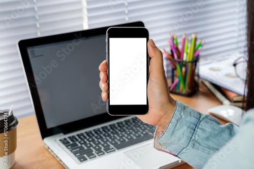Man hands holding blank screen a smartphone