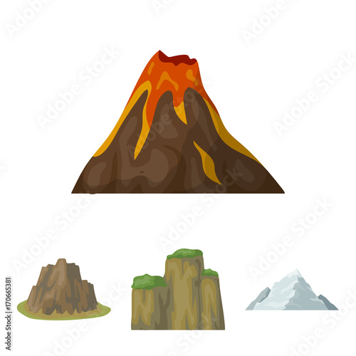 Sheer cliffs, a volcanic eruption, a mountain with a beach, a glacier. Different mountains set collection icons in cartoon style vector symbol stock illustration web.