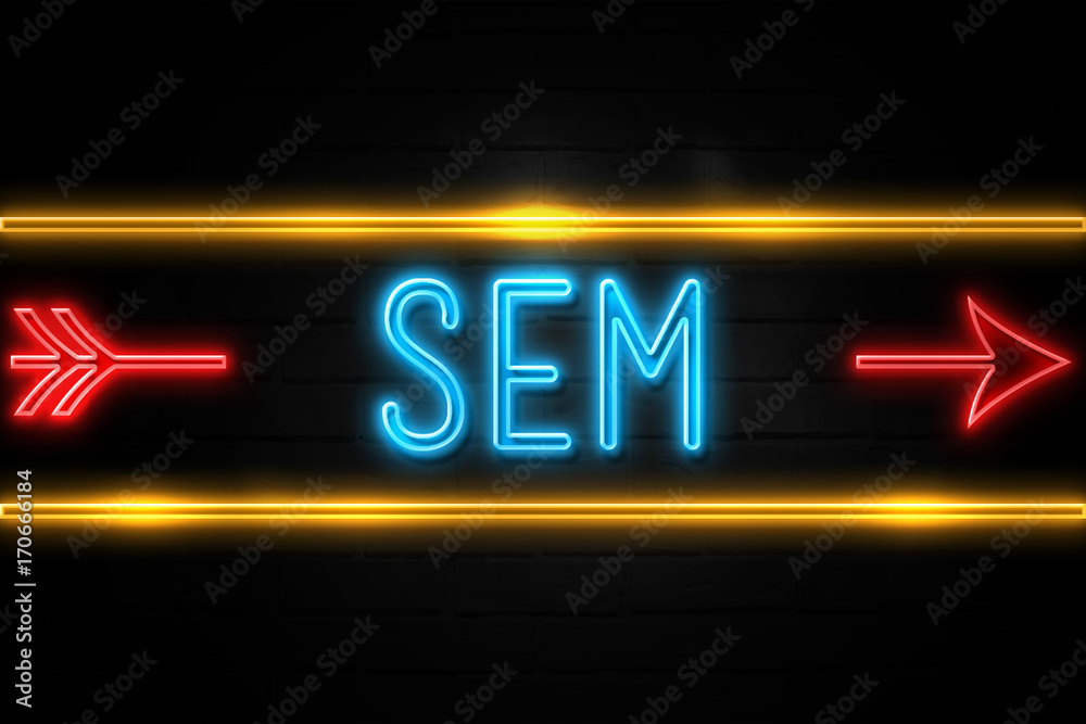 Sem  - fluorescent Neon Sign on brickwall Front view