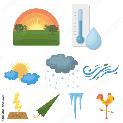 Weather set icons in cartoon style. Big collection of weather vector symbol stock illustration