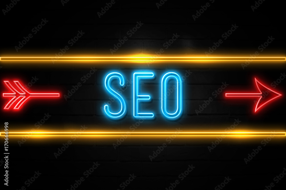 Obraz premium Seo - fluorescent Neon Sign on brickwall Front view