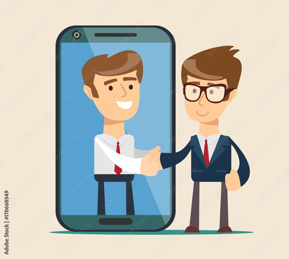 People shake hands.Businessman and big smartphone. man on the smartphone screen. Vector, flat, illustration People shake hands.Businessman and big smartphone. man on the smartphone screen. Vector, flat, illustration