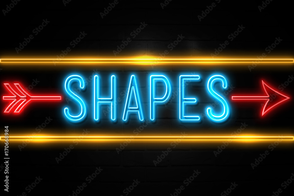 Shapes - fluorescent Neon Sign on brickwall Front view Shapes - fluorescent Neon Sign on brickwall Front view