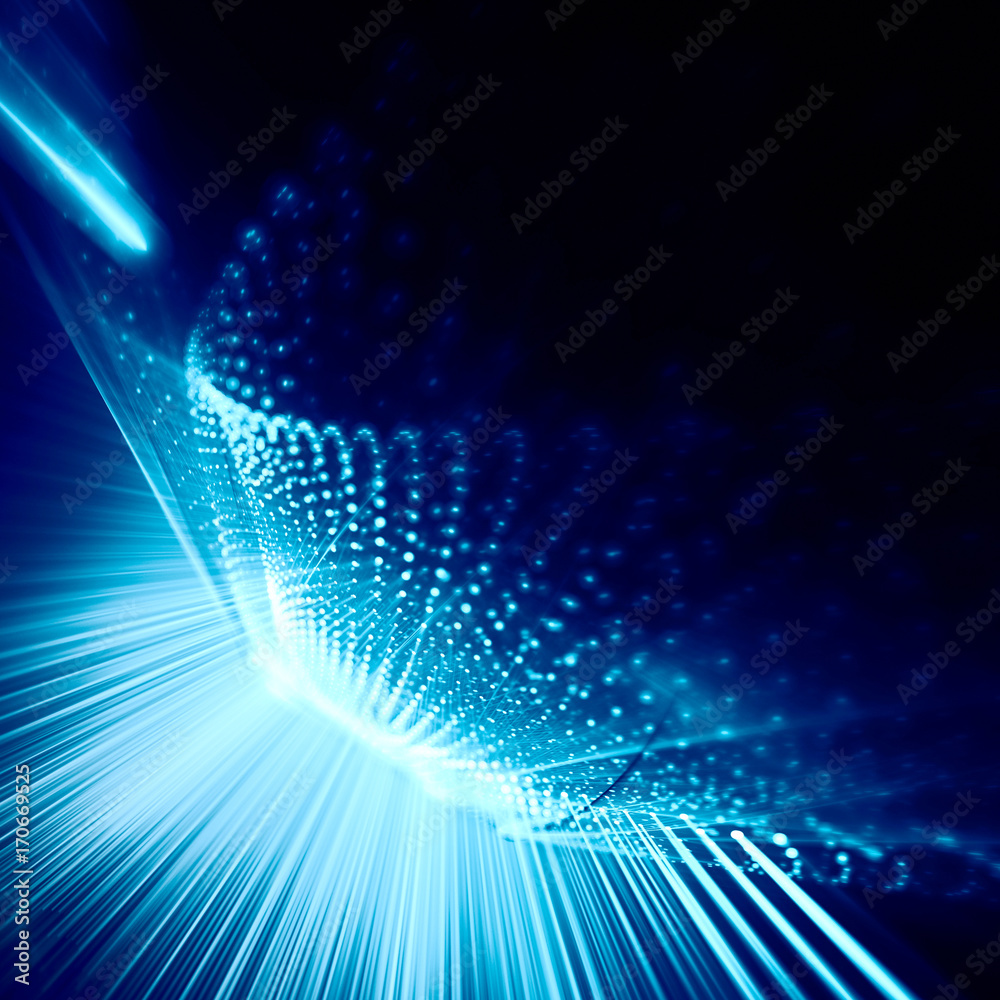 Obraz premium Abstract blue and black background. Fractal graphics series. Three-dimensional composition of dots, waves and rays of light.