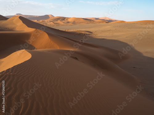 Walking on natural curved ridge line through wind blow pattern of rusty red sand dune with soft shadow on vast desert landscape horizon background  Sossus  Namib desert