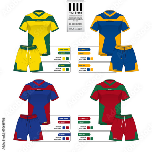 Set of soccer jersey or football kit and short pant template for sportswear catalog. Sportswear shirt mock up. Front view of sportswear uniform. Clothing label for apparel detail. Vector Illustration.
