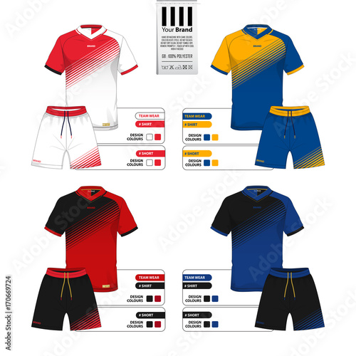 Set of soccer jersey or football kit and short pant template for sportswear catalog. Sportswear shirt mock up. Front view of sportswear uniform. Clothing label for apparel detail. Vector Illustration.