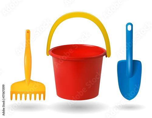 toys for sandbox. Baby bucket, rake, scapula. Colored objects on white background. Vector illustrations